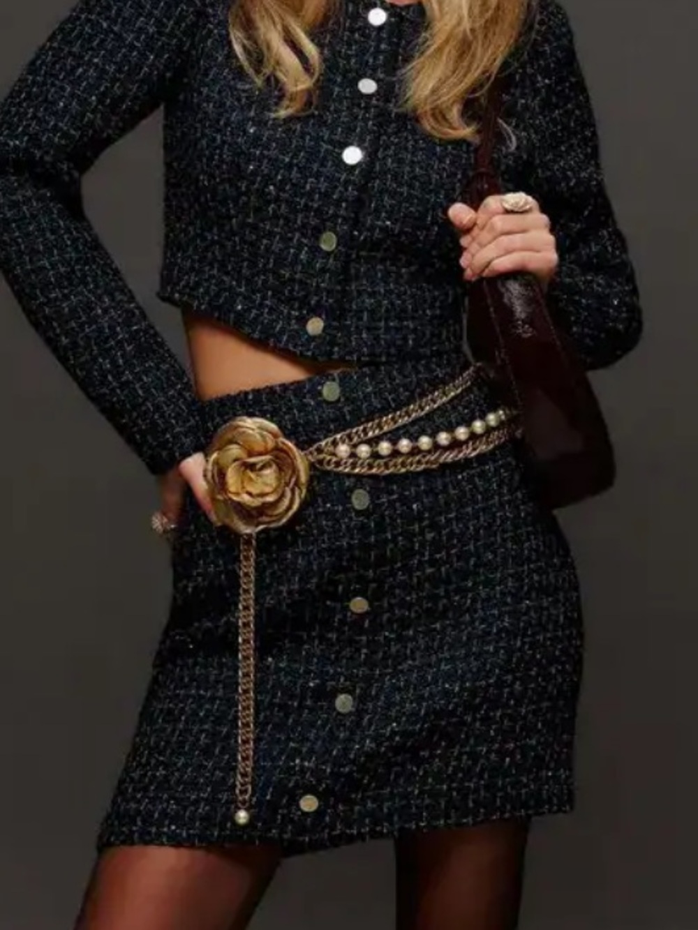 Reformation Lavonna Skirt Sz 6 Navy Tweed Gold Accent